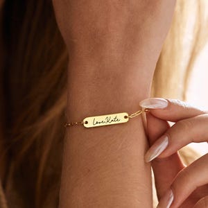 Personalised Bar Name Bracelet, Custom Paperclip Chain Bar Bracelet, Engraved Name Bracelet, Handwriting Bracelet, Christmas Gift for Her