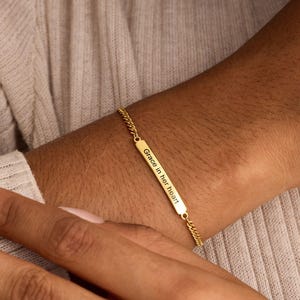 Personalised Engraved Bar Name Bracelet, Custom Name Bracelet with Cuban Chain, Womens Bracelet, Handwriting Bracelet,Christmas Gift for Her
