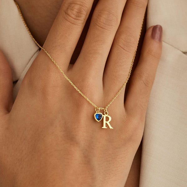 Zierliche Initialen Halskette mit Herz Geburtsstein, Benutzerdefinierte Buchstabe Halskette, Birthstone Schmuck, 18.Geburtstagsgeschenk für Sie, Muttertagsgeschenk