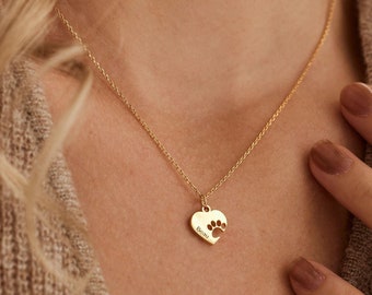 Personalised Paw Name Necklace with Heart, Custom Minimalist Pet Name Necklace, Keepsake Necklace, Pet Memorial Gift, Mothers Day Gift