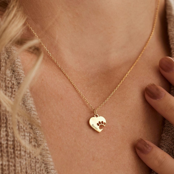 Personalised Paw Name Necklace with Heart, Custom Minimalist Pet Name Necklace, Keepsake Necklace, Pet Memorial Gift, Mothers Day Gift