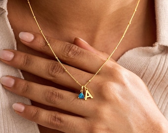 Collar personalizado con inicial de piedra natal y cadena tipo satélite, collar con letra dorada, joyería con piedra natal, collar para mujer, regalo para profesora