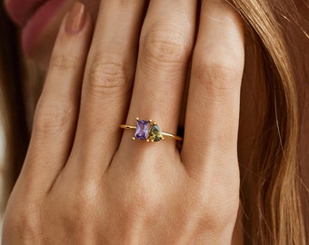 Personalised Two Birthstone Ring, Custom Family Birthstone Ring, Dainty Gemstone Ring, Mothers Ring, Birthday Gift for Her, Mothers Day Gift