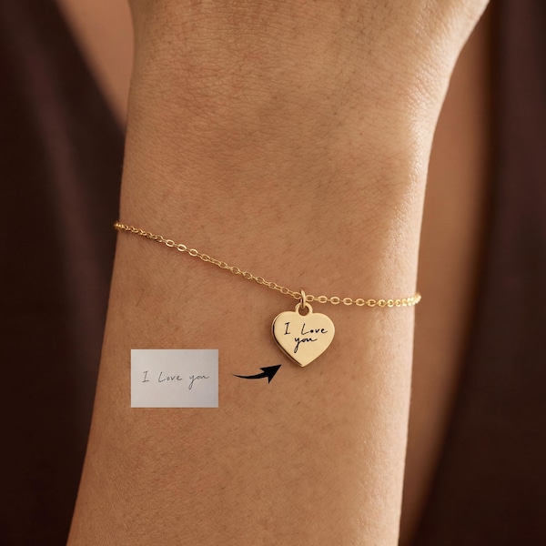 Gepersonaliseerde armband met handgeschreven tekst, armband met een eigen handgeschreven bericht, armband met gegraveerd hartje, sentimenteel cadeau, kerstcadeau