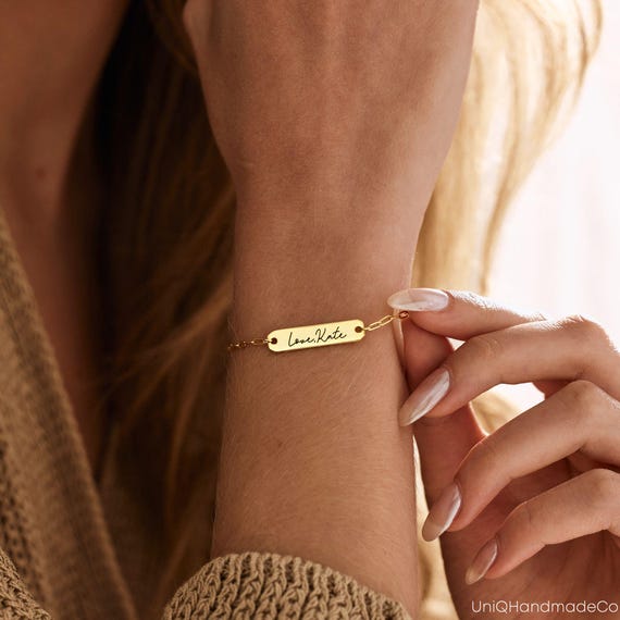 Personalised Bar Name Bracelet, Custom Paperclip Chain Bar Bracelet, Engraved Name Bracelet, Handwriting Bracelet, Mothers Gift for Her