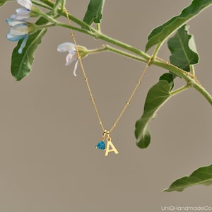 May include: A delicate gold necklace with a pendant featuring the letter "A" and a blue gemstone. The necklace hangs against a backdrop of green leaves and white flowers, creating a natural and elegant aesthetic.