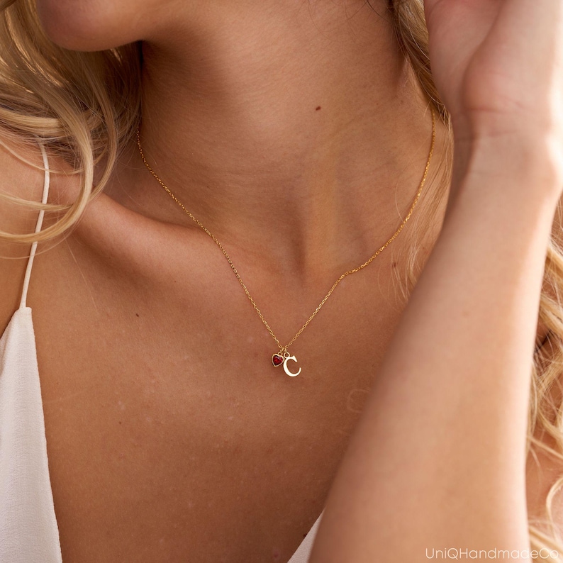 Dainty Initial Necklace with Heart Birthstone, Custom Letter Necklace, Birthstone Jewellery, 18th Birthday Gifts for Her, Graduation Gift image 14