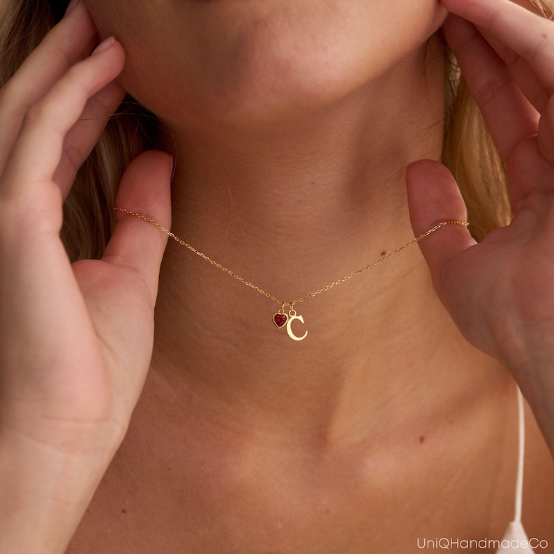 Dainty Initial Necklace with Heart Birthstone, Custom Letter Necklace, Birthstone Jewellery, 18th Birthday Gifts for Her, Graduation Gift image 5