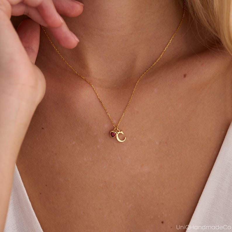 Dainty Initial Necklace with Heart Birthstone, Custom Letter Necklace, Birthstone Jewellery, 18th Birthday Gifts for Her, Graduation Gift image 10