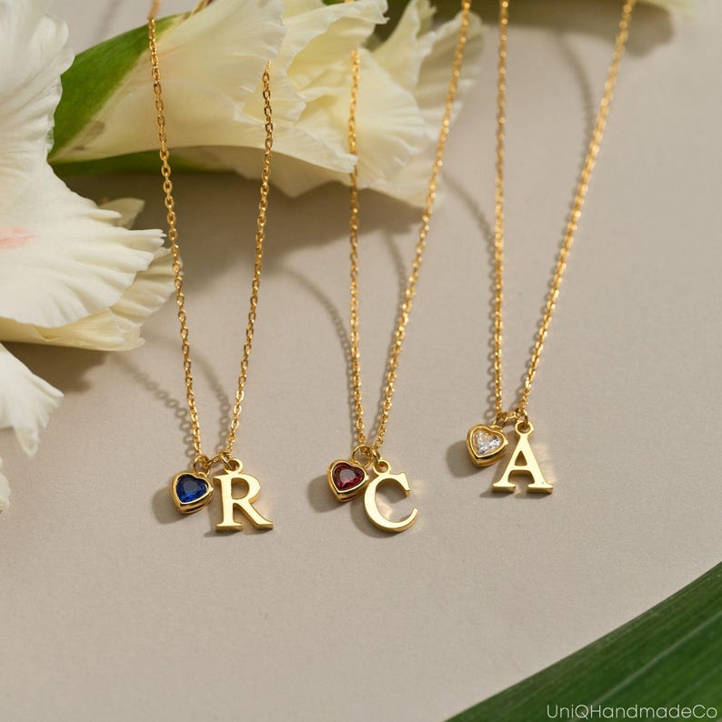 Dainty Initial Necklace with Heart Birthstone, Custom Letter Necklace, Birthstone Jewellery, 18th Birthday Gifts for Her, Graduation Gift image 8