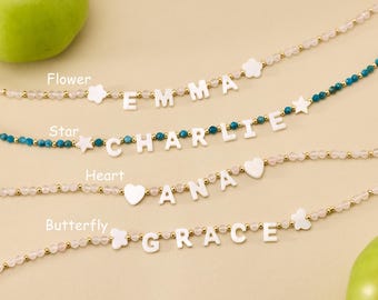 Personalised Toddler Name Necklace, Custom Mother of Pearl Initial Necklace, Kids Beaded Necklace, Flower Girl Gift, Birthday Gift for Girls