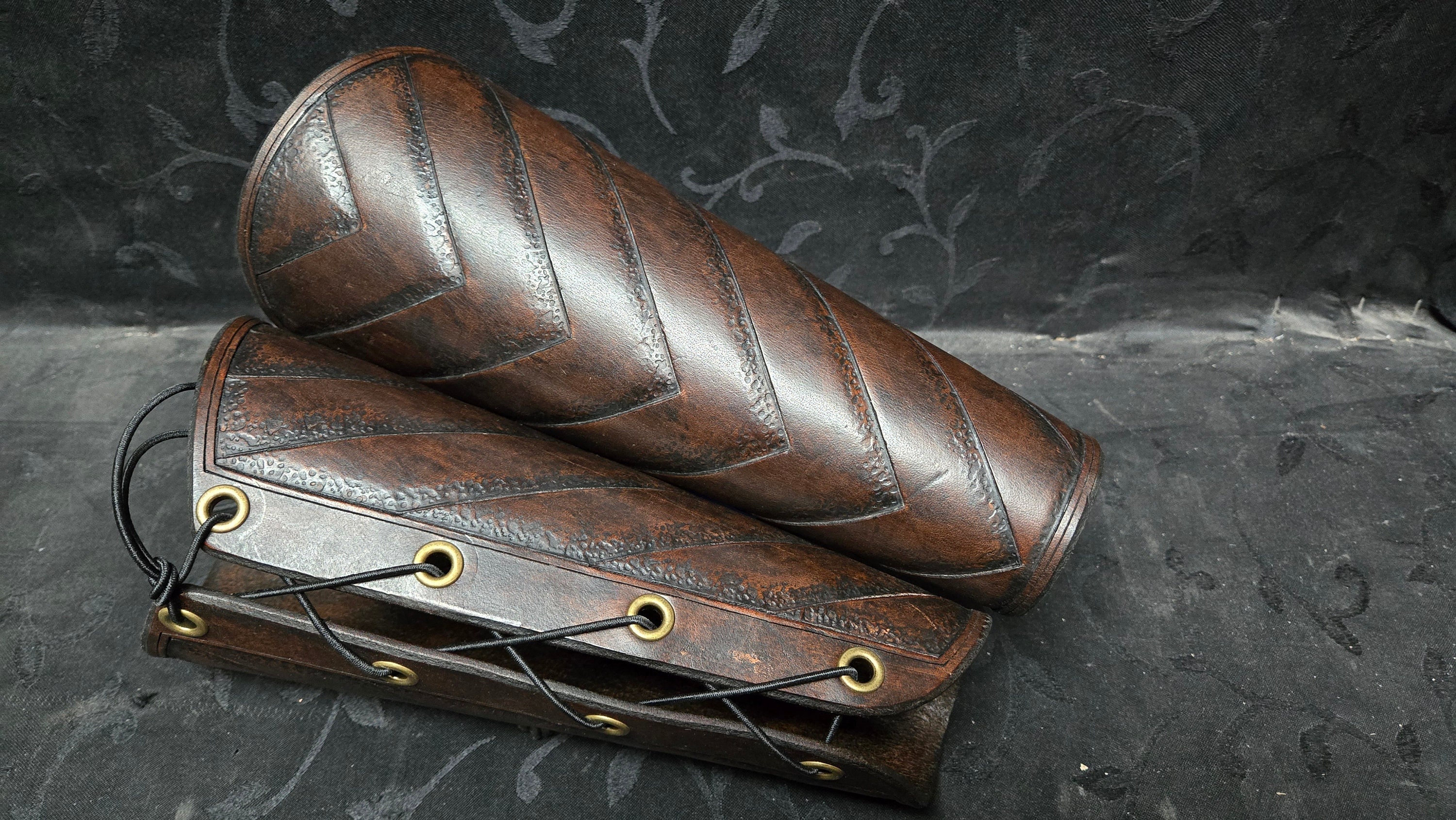 Hand Tooled Chevron Pattern Leather Bracers (pair)