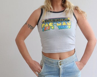 1980's "I Love to Play" Pac Man Baby Tank //  Women's Size Double Extra Small to Extra Small // Youth Size Medium to Large // Distressed