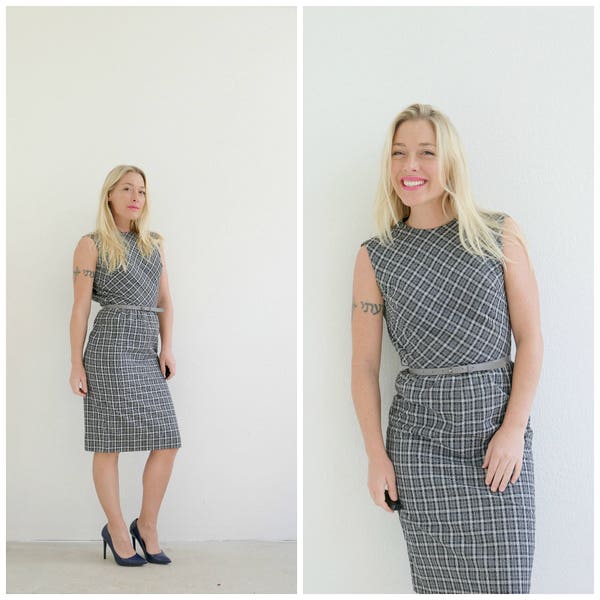 1960 Lanz Plaid SheathDress /// Size Double Extra Small to Extra Small