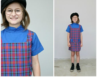 1960's Cobalt and Plaid School Dress //  Girl's Size 7 to 8 // Girls Size Small  // A-Line // Day Dress // Plaid Print