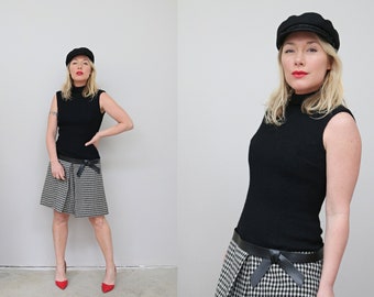 1960's Check Knit Contrast Dress // Women's Size Extra Small to Small // Pleated Skirt // Sweater Dress // Belted Tank Dress