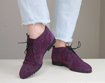 Deadstock, 1990's Buskens Eggplant and Suede Boots // Women's Size 5-1/2 (5.5) to 6 // Short Boots // Plaid Lining // Day Shoes