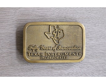 1980's Texas Instruments Incorporated Belt Buckle // Fifty Years of Innovations // Hit Line USA // Limited Edition // Bronze // Industrial