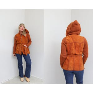 1970's Vintage Cognac Suede & Knit Patchwork Hooded Jacket ~ Women's SM MD ~ Small to Medium ~ Genuine Leather ~ 70's Lightweight Coat