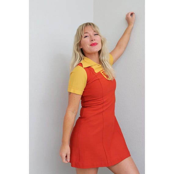 1970's Vintage York Steakhouse Waitress Mini Dress ~ Women's XS SM Extra Small to Small 0 2 4 ~ 70s Retro Server Uniform ~ Halloween Costume