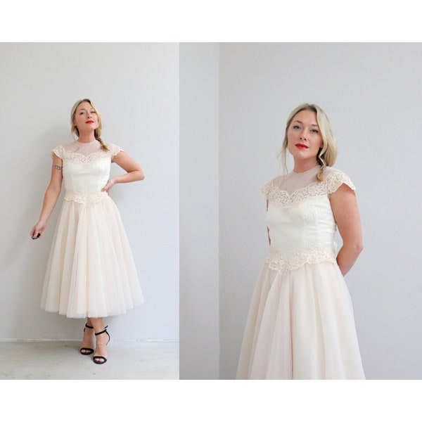 1950's William Cahill Blush Wedding Dress // Women's Double Extra Small to Extra Small // Tea Length Bridal Gown // I. Magnin // Designer