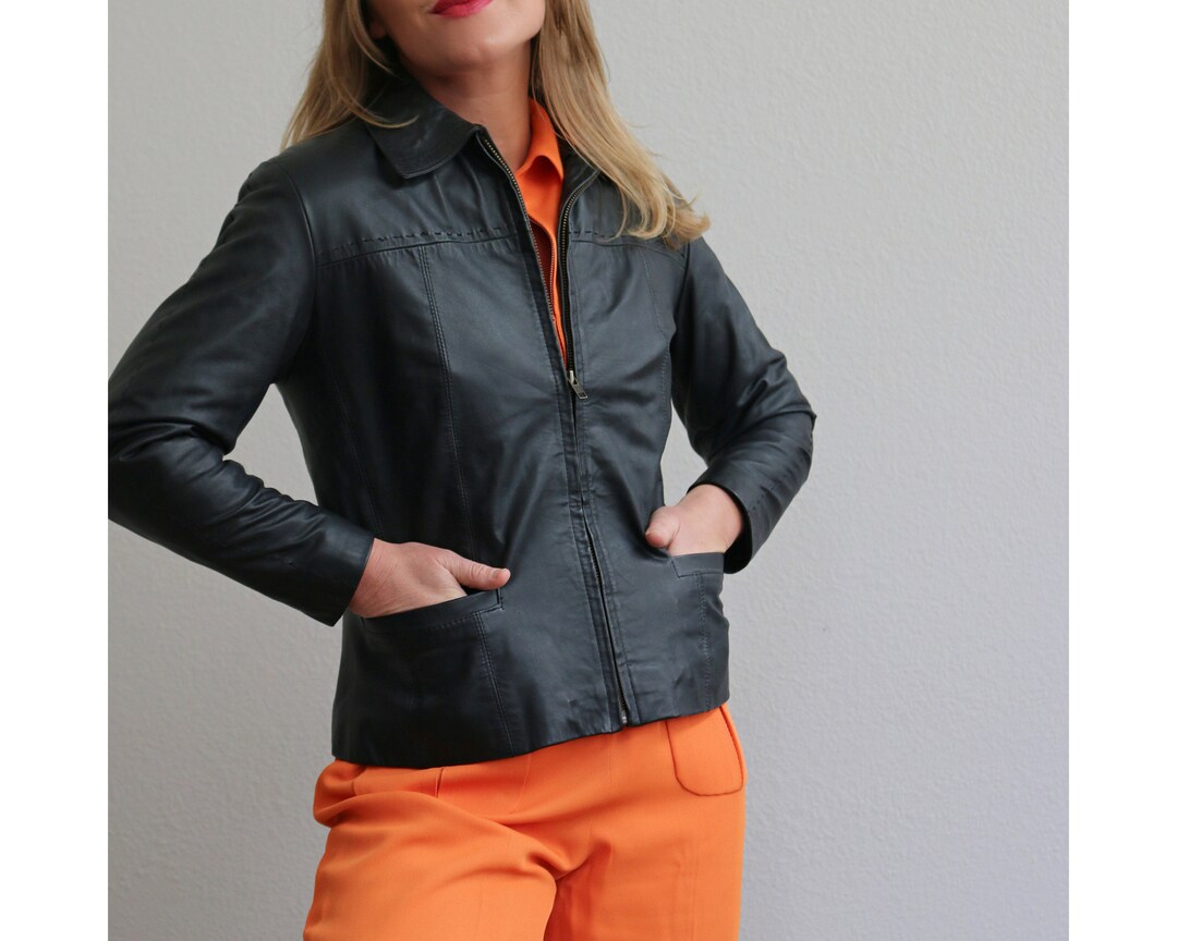 ジャケット・アウター 70s Vintage stitch leather jacket BLACK 1970's Black Stitch Leather Jacket // Women's Size Double