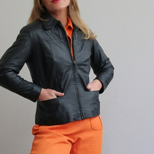 1970's Black Stitch Leather Jacket // Women's Size Double Extra Small to Extra Small // 70's Fashion // MayBe Furs & Leathers // Hippie