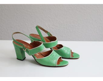 1970's Vintage Mr. Seymour Key Lime Leather High Heels ~ Women's 5-1/2 (5.5) to 6 ~ Ankle Strap Sandals ~ Genuine Leather Wrap Around Strap