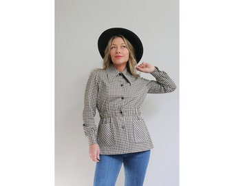 1970's Brown Gingham Fit and Flare Jacket // Women's Size Small to Medium // Dagger Collar // Retro Style // 70's Casual // Polyester Blouse