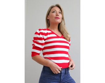 1980's Candy Cane Striped Sweater // Women's Size Medium to Large // 80s // Double V-Neck // Puff Shoulders // Slim Fit // Cute Top // Waldo