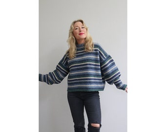 1990's Smoky Blues Handknit Sweater // Women's Size Medium to Extra Large // Oversized // Boxy Baggy Fit // Slouch // One Size Fits Most