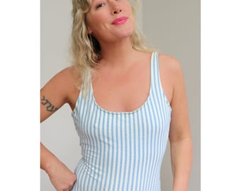 Traje de baño de una pieza clásico de corte recto con rayas azules de Lands' End, estilo vintage de los años 90 ~ Tallas para mujer: SM/MD ~ Hecho en EE. UU. ~ Trajes de baño