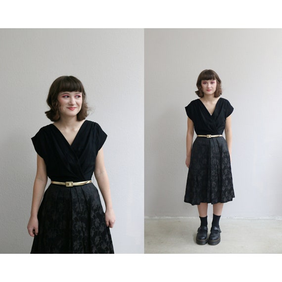 1950's Miss Rose Black Jacquard Cocktail Dress // Women's Size Double Extra Small to Extra Small // Cocktail // Prom Gown // Retro 50's
