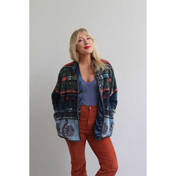 1990's Y2K Chenille Patchwork Lightweight Jacket // Women's Medium to Large  // Knit Jacket // Soft Velvet // Tapestry // 90s Festival Style