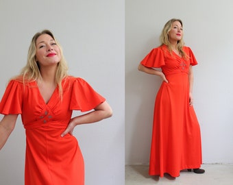 1970's Fire Orange Studded Maxi Dress // Women's Size Extra Small to Small // Flutter Sleeve // Long Day Dress // Hippy // Summer Wedding