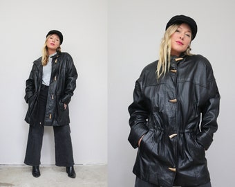 1990's Braefair Black Leather Parka // Women's Size Medium to Large // Drawstring Waist // Leather Jacket // Oversized // Loose Fit // 90's