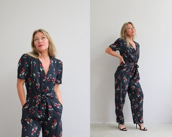 1990's Cherry Dot Jumpsuit // Size Small to Medium // Summer Romper // Rockabilly // Pin-up // Rayon // Button Front // Romper // Playsuit