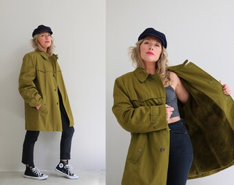 1960's Oakbrook Olive Overcoat // Men's Size Large to Extra Large // Women's Size Extra Large to Double XL // Faux Fur Lined // Sears Brand