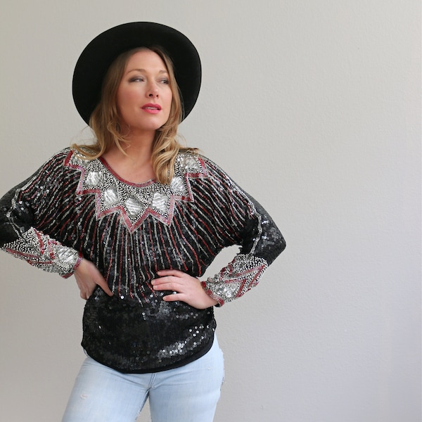 1980's Saks Fifth Avenue Sequined Evening Blouse // Women's Size Extra Small to Small // Slouch Top // Cocktail // Festival // Day to Night