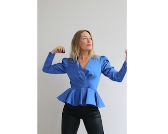 1980's Cobalt Blue Evening Blouse  // Women's Size Extra Small to Small // Peplum Skirt // Ringmaster Costume // Circus // Cocktail // 70's