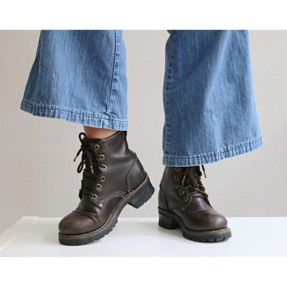 1990's Vintage Skechers Leather Work Boots ~ Women's 6 to 6-1/2 (6.5) ~ Lace Up Ankle Boots ~ Dark Chocolate Brown ~ Thick Block Heel ~ 90s