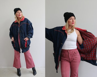 1980's Vintage S.B.II Plaid Lined Jean Jacket // Women's Extra Large to XXL // Men's LG // Chore Coat // Flannel // Long Denim Coat // 80's