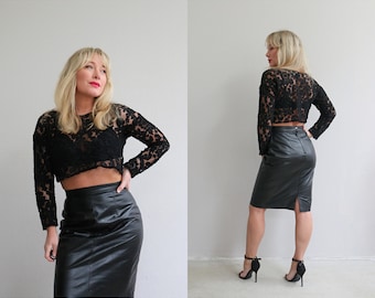 1970's Mexican Glossy Leather Pencil Skirt // Women's Size Small // 27" Waist // High Waist // High Rise // Date Night // Going Out // Glam