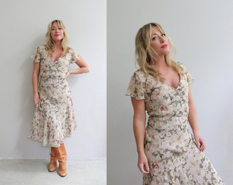 1990's Vintage Adrianna Papell Bias Cut Floral Dress // Women's Size Medium // Cottagecore  // Y2K // Fairy Grunge // 90's does the 30's