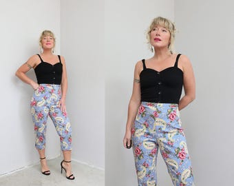 Pantalones capri vintage de los años 90 con estampado floral de talle alto y cintura alta ~ Tallas para mujer SM y MD ~ Cintura de 74 cm ~ Pantalones de verano estilo europeo ~ Corte femenino ajustado