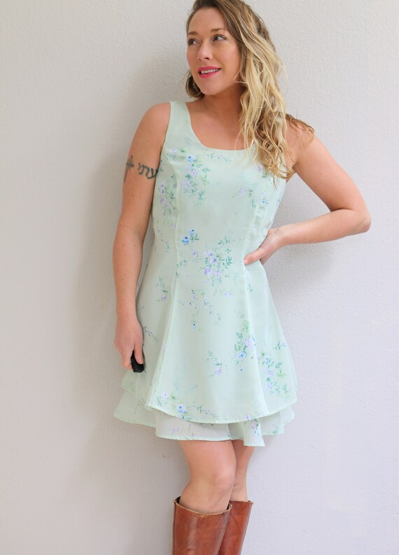 1990's Minty Floral Skater Dress // Women's Size … - image 3