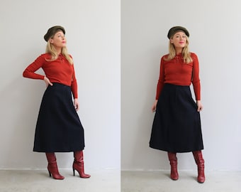 Vintage 1950's Thomas Marshall Marlbeck Navy Wool Skirt // Women's Size Large // 31" Waist // Midi Skirt // Mid Length // A-Line // Modest