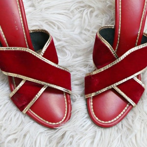 1960&#39;s Merry Mules Velvet Slides // Women&#39;s Size 5 // Red and Gold Slippers