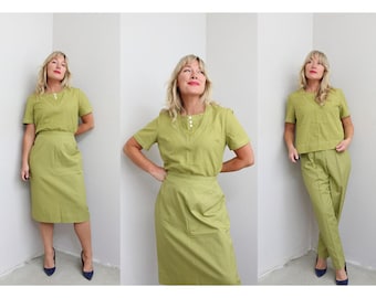 1960's Deadstock 3 Piece Graff Californiawear Slacks, Skirt & Blouse Set ~ Women's SM MD ~ Small to Medium ~ Avocado Green ~ Spring 60's Set