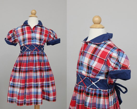 1950's Criss-Cross Plaid Dress //  Girl's Size 5 … - image 1